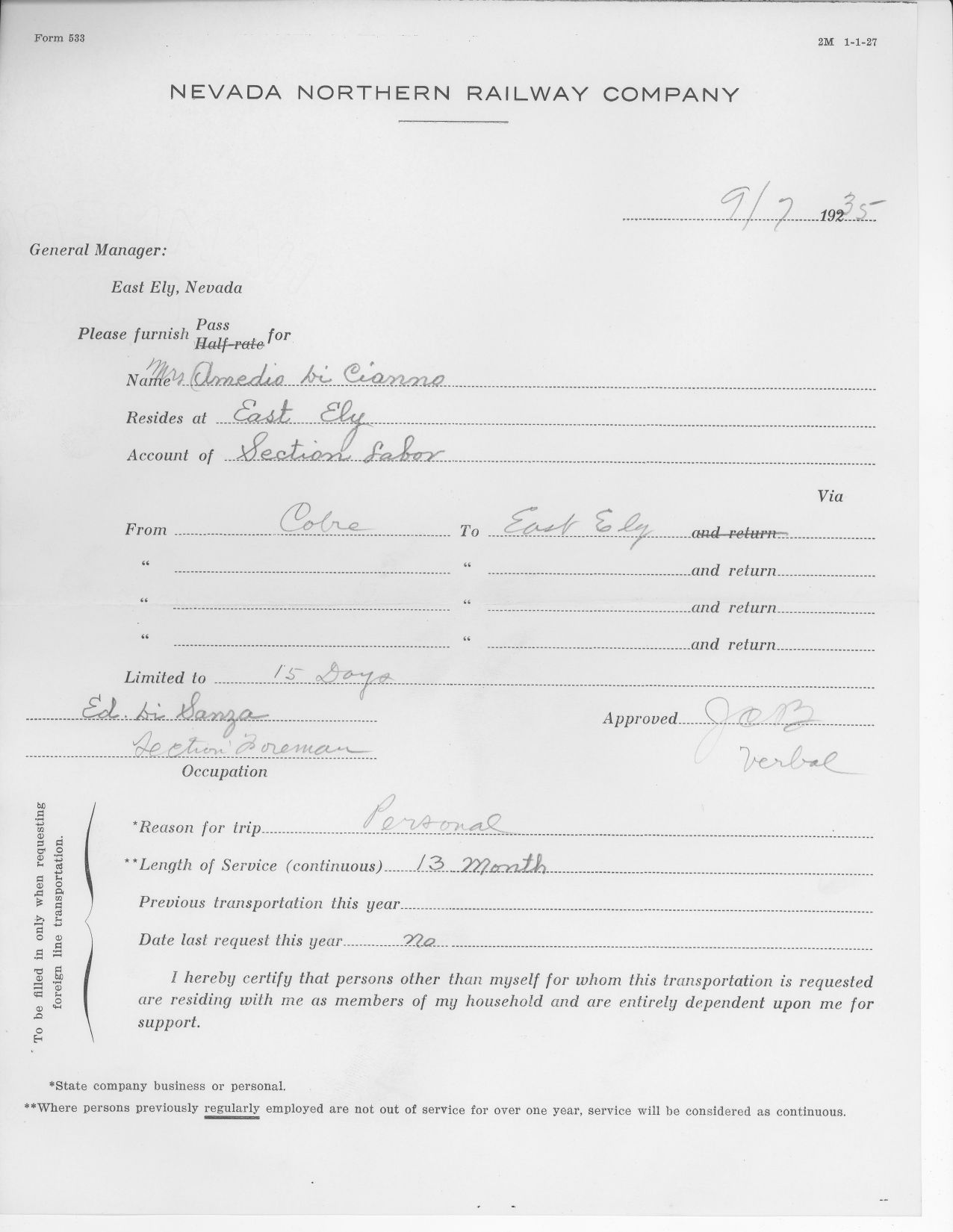 1936 Mrs. Amedio diCianno Pass Request